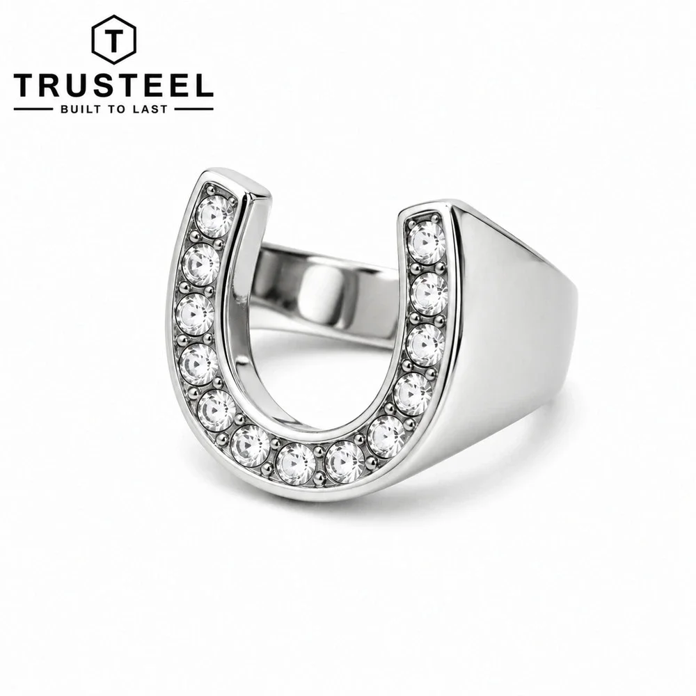 Men’s Stainless Steel Horseshoe Ring Lucky CZ Crystal Biker Statement Size 12